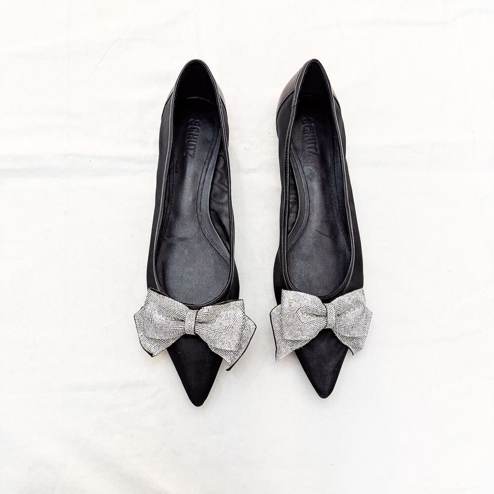 Schutz Black Lyla Ballet Flats Multimater Mosquito Pointy Toe Shoes Size 10.5